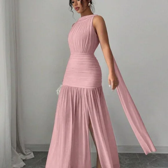 Pink Casual Women's Elegant Backless Pleated Slit Dress - Picture 4 of 6